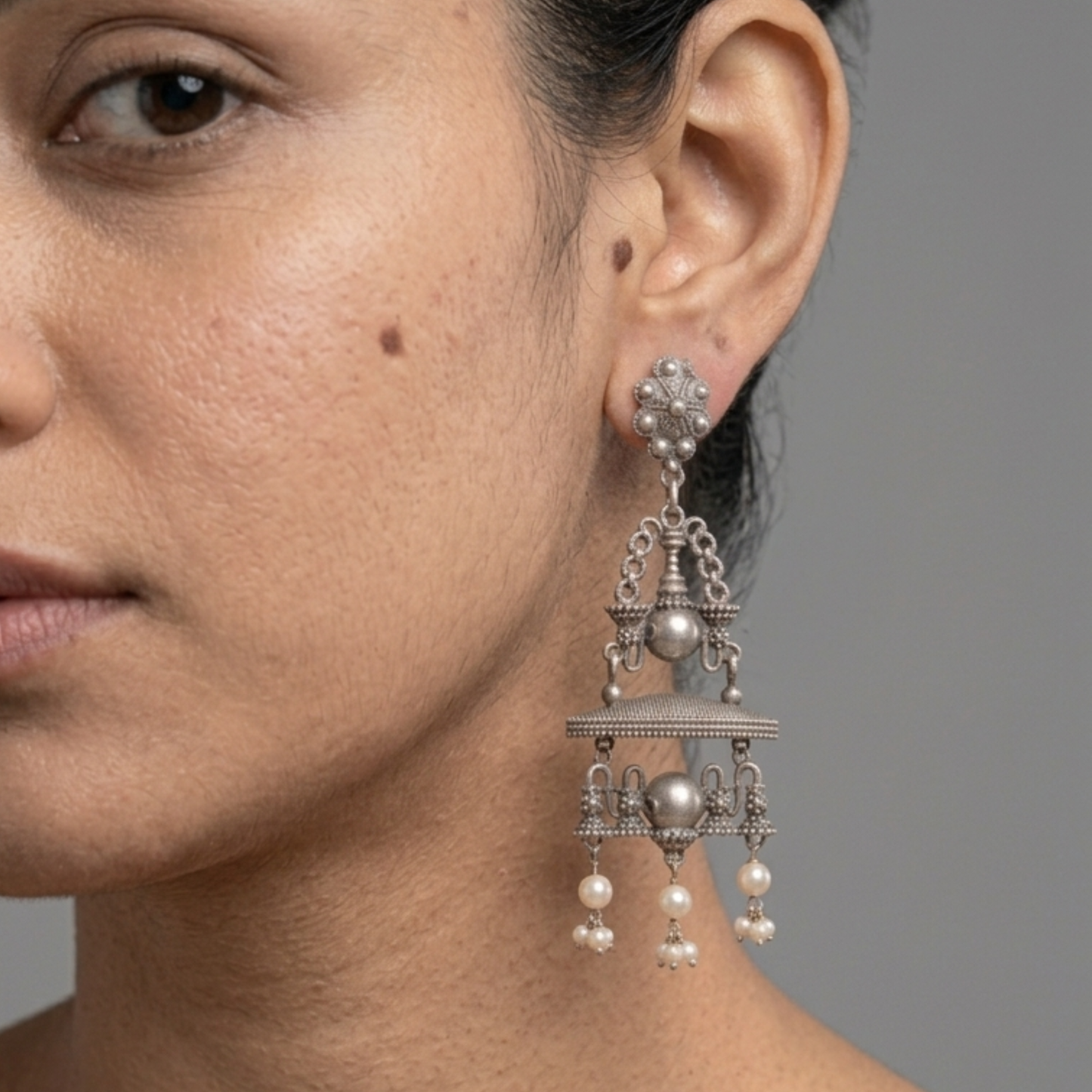 Handcrafted Oxidized Silver-Plated Brass Chandbali Earrings with Faux Pearl Drops