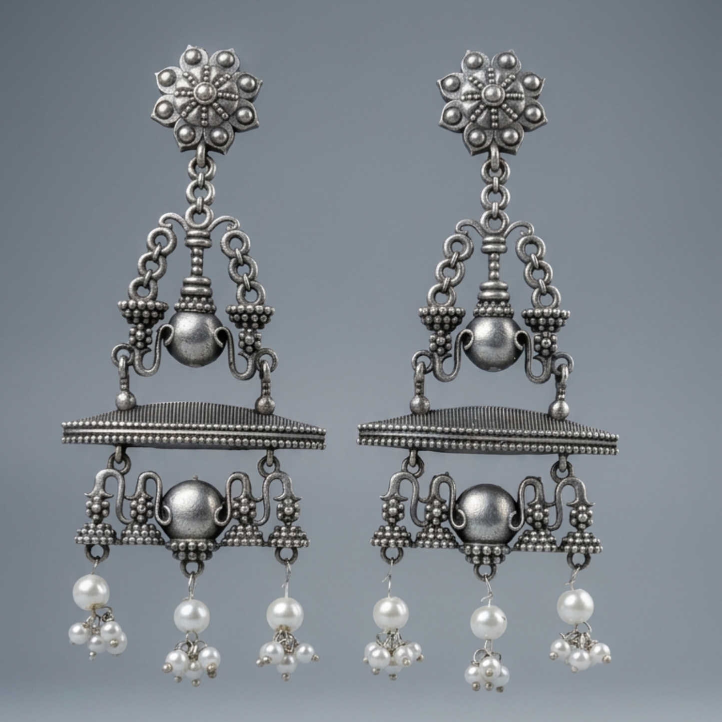 Handcrafted Oxidized Silver-Plated Brass Chandbali Earrings with Faux Pearl Drops