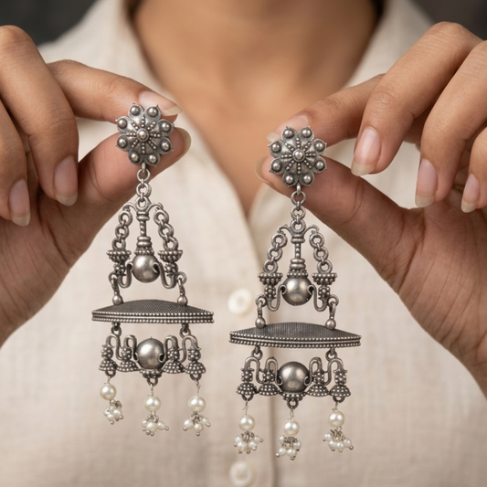 Handcrafted Oxidized Silver-Plated Brass Chandbali Earrings with Faux Pearl Drops