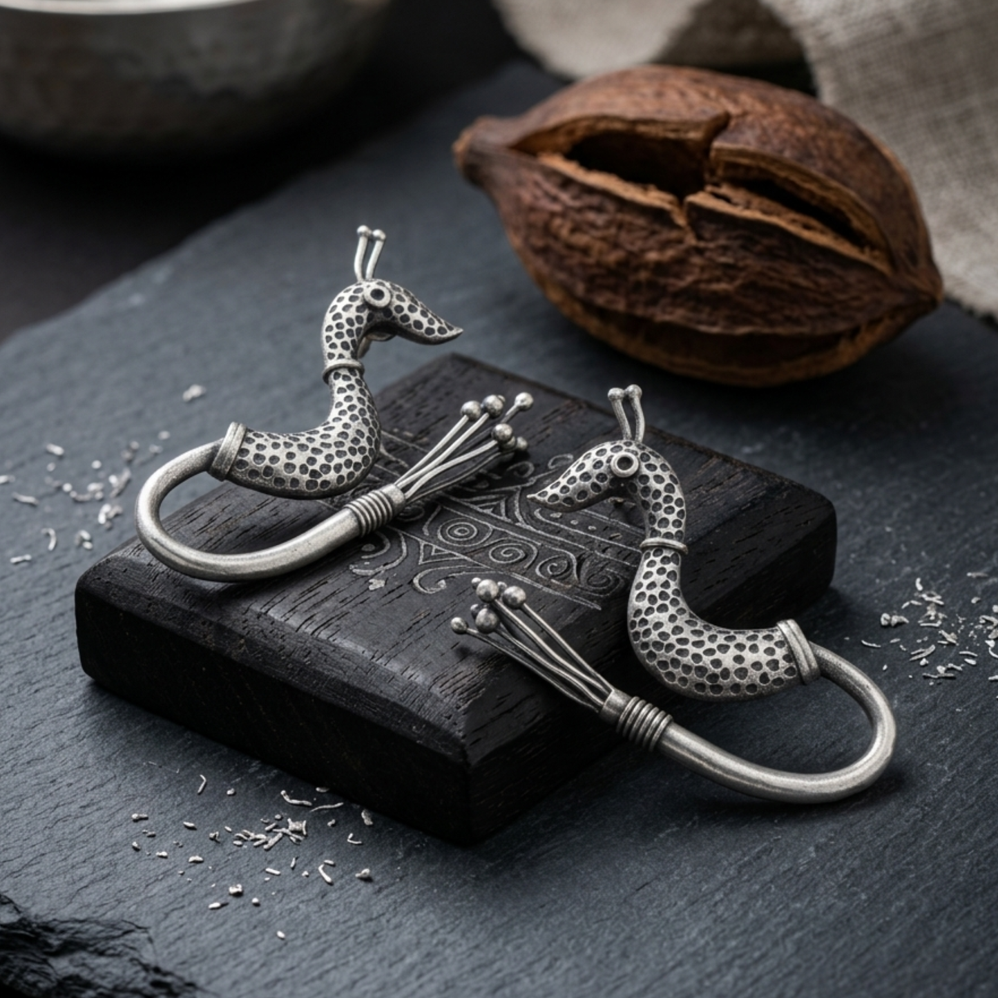 Handcrafted Oxidized Silver Swan Drop Earrings - Long Linear Bird Motif Statement Dangles | Vintage Tribal Indian Jewelry