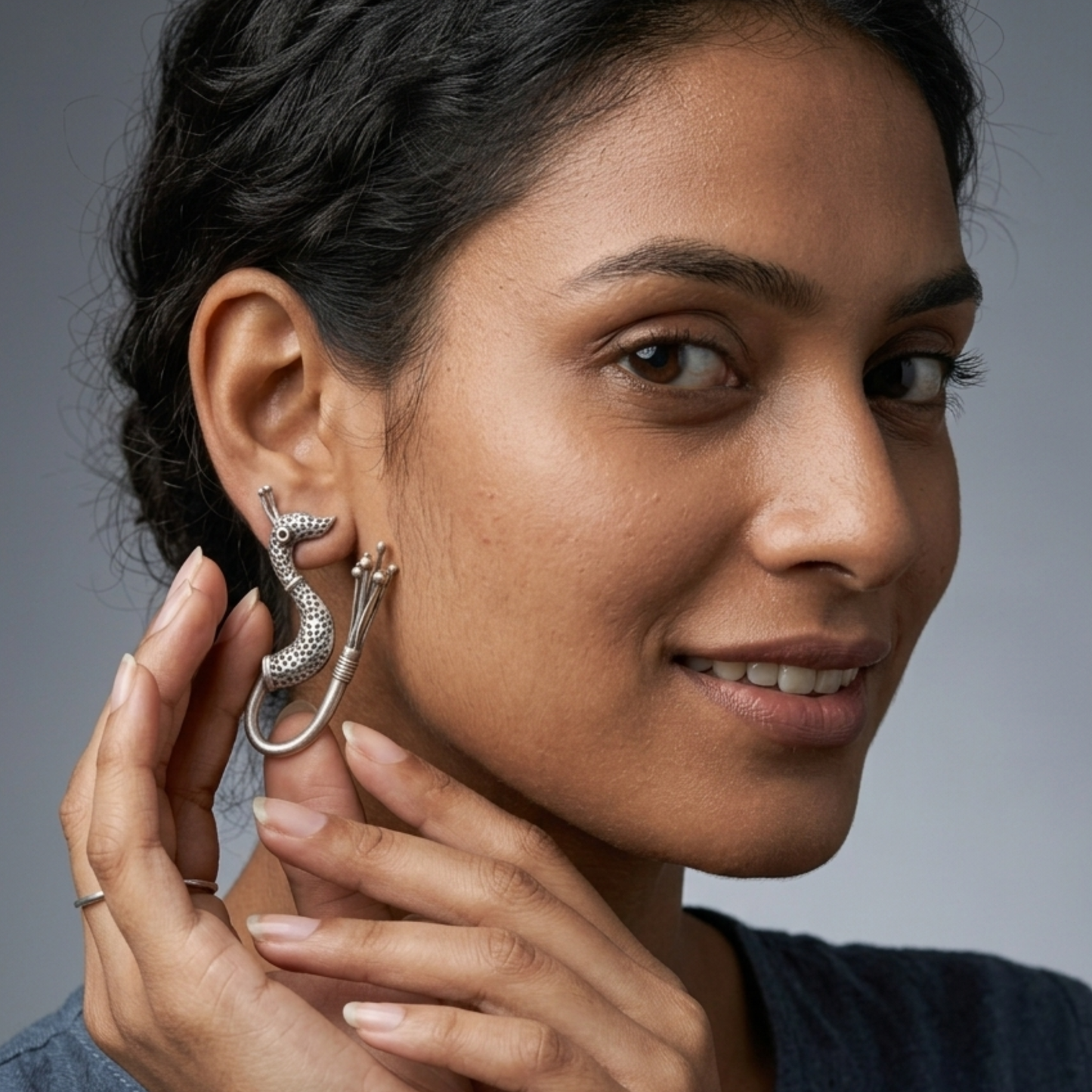 Handcrafted Oxidized Silver Swan Drop Earrings - Long Linear Bird Motif Statement Dangles | Vintage Tribal Indian Jewelry