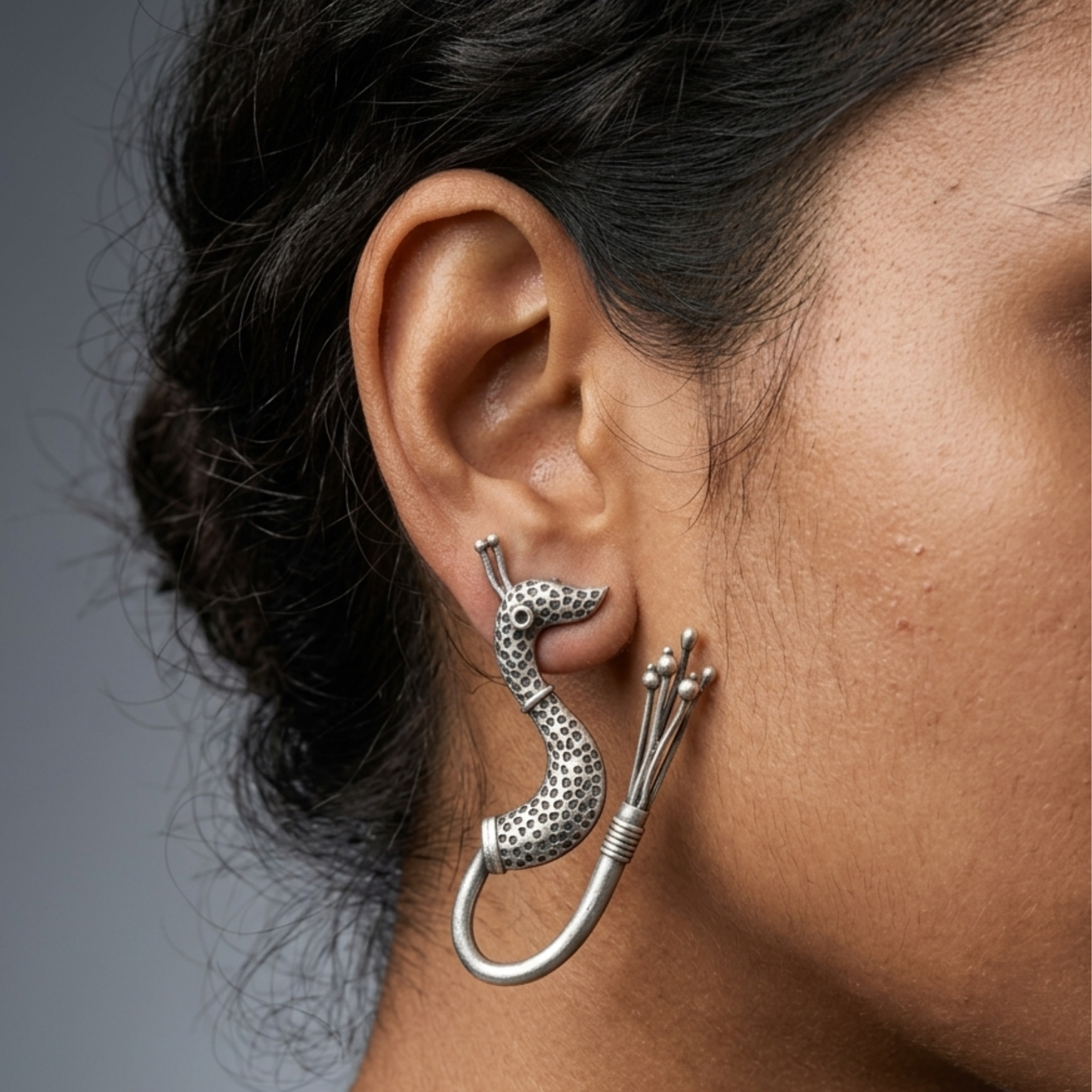 Handcrafted Oxidized Silver Swan Drop Earrings - Long Linear Bird Motif Statement Dangles | Vintage Tribal Indian Jewelry