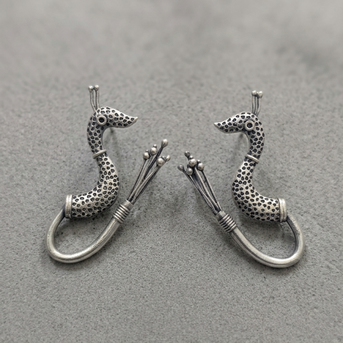 Handcrafted Oxidized Silver Swan Drop Earrings - Long Linear Bird Motif Statement Dangles | Vintage Tribal Indian Jewelry