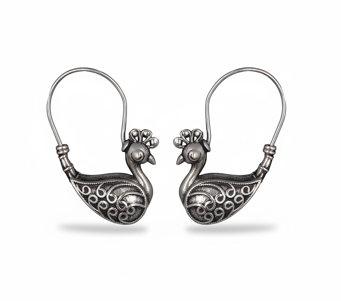Peacock shape bali, Oxidised Silver Plated Bird Earrings , Traditional Bird Earrings