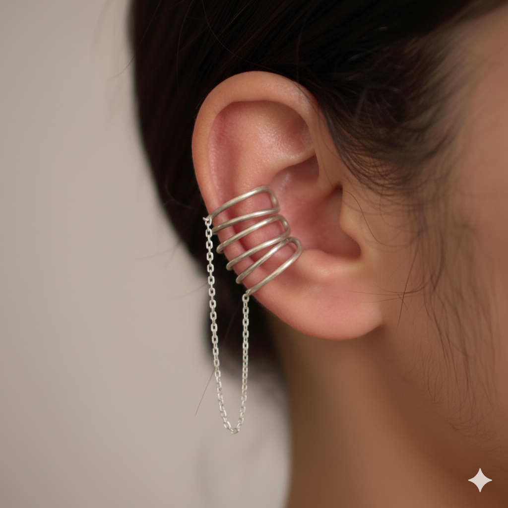No Piercing Ear Cuffs for Women: Silver Spiral With Chain Drop