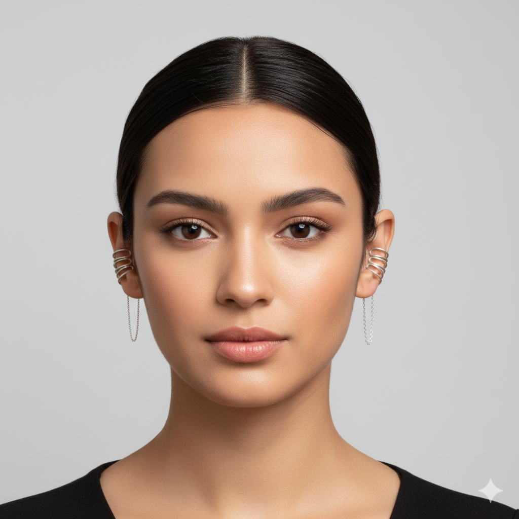 No Piercing Ear Cuffs for Women: Silver Spiral With Chain Drop