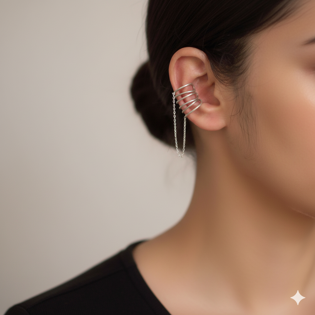 No Piercing Ear Cuffs for Women: Silver Spiral With Chain Drop