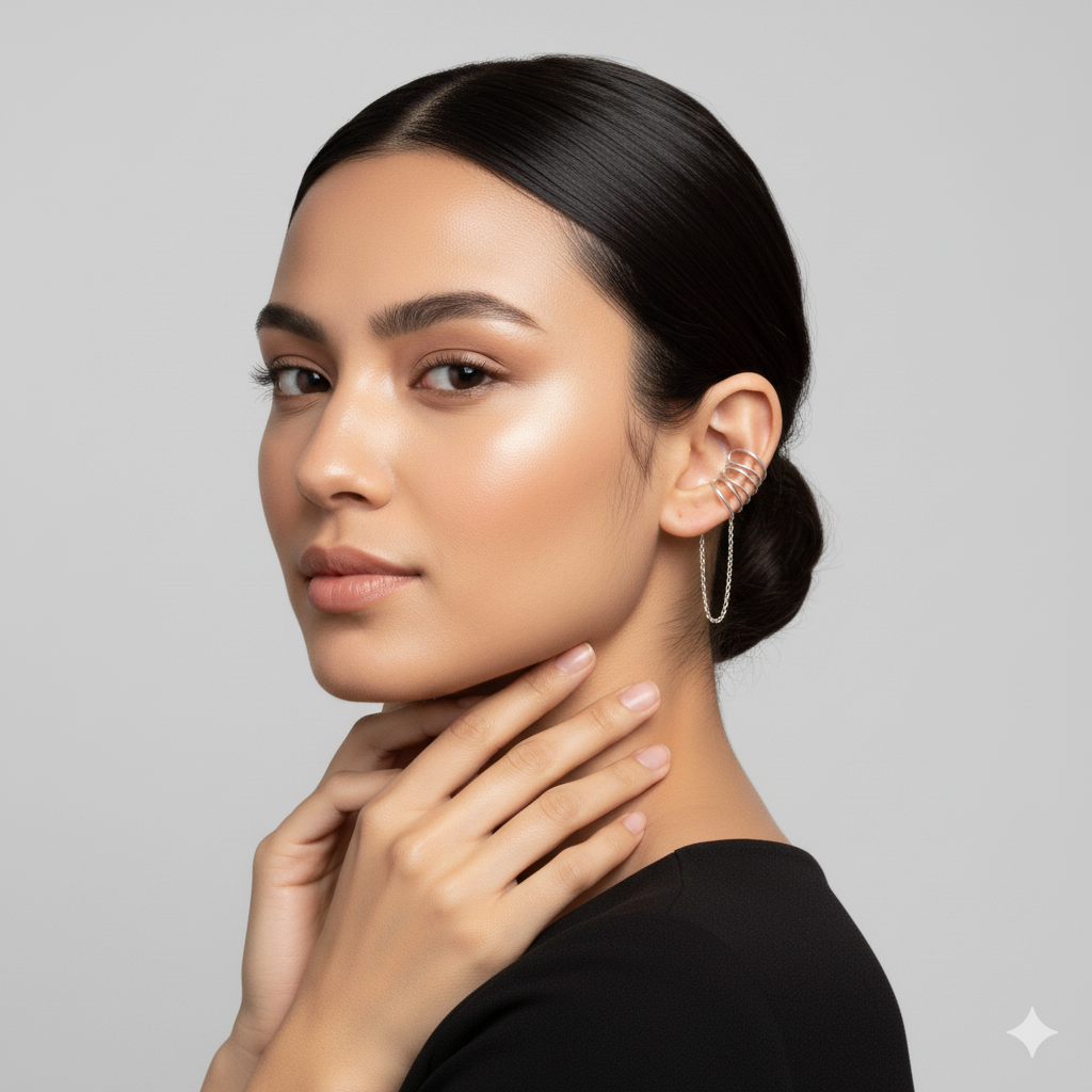 No Piercing Ear Cuffs for Women: Silver Spiral With Chain Drop