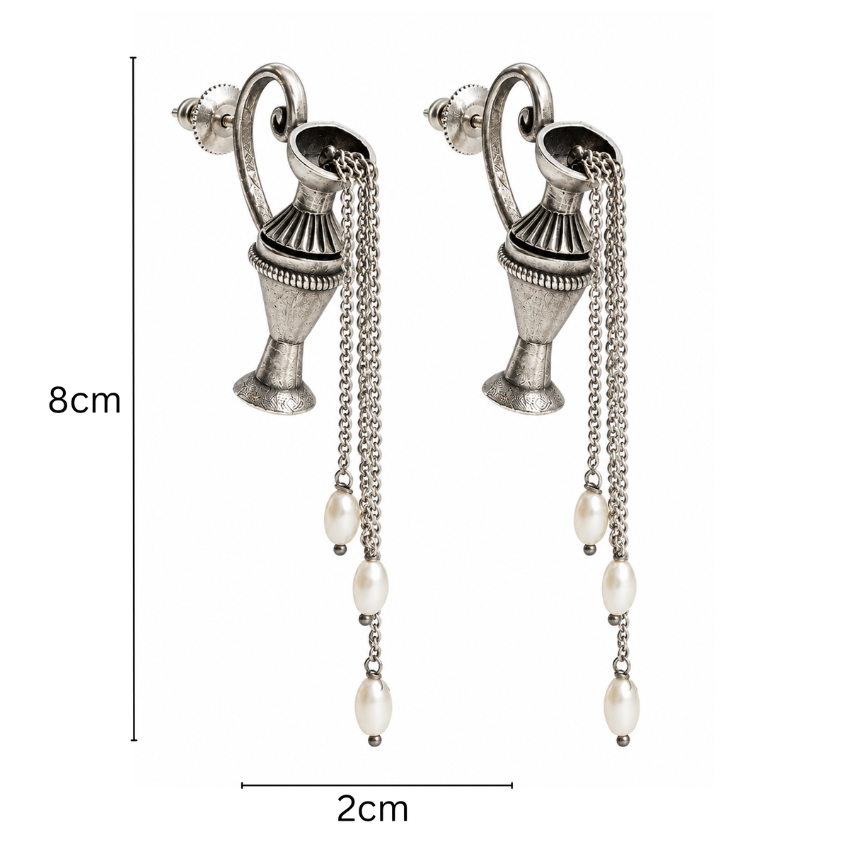 Oxidized Silver Amphora Urn & Pearl Drop Statement Earrings | Artisan Avant-Garde Dangle Earrings