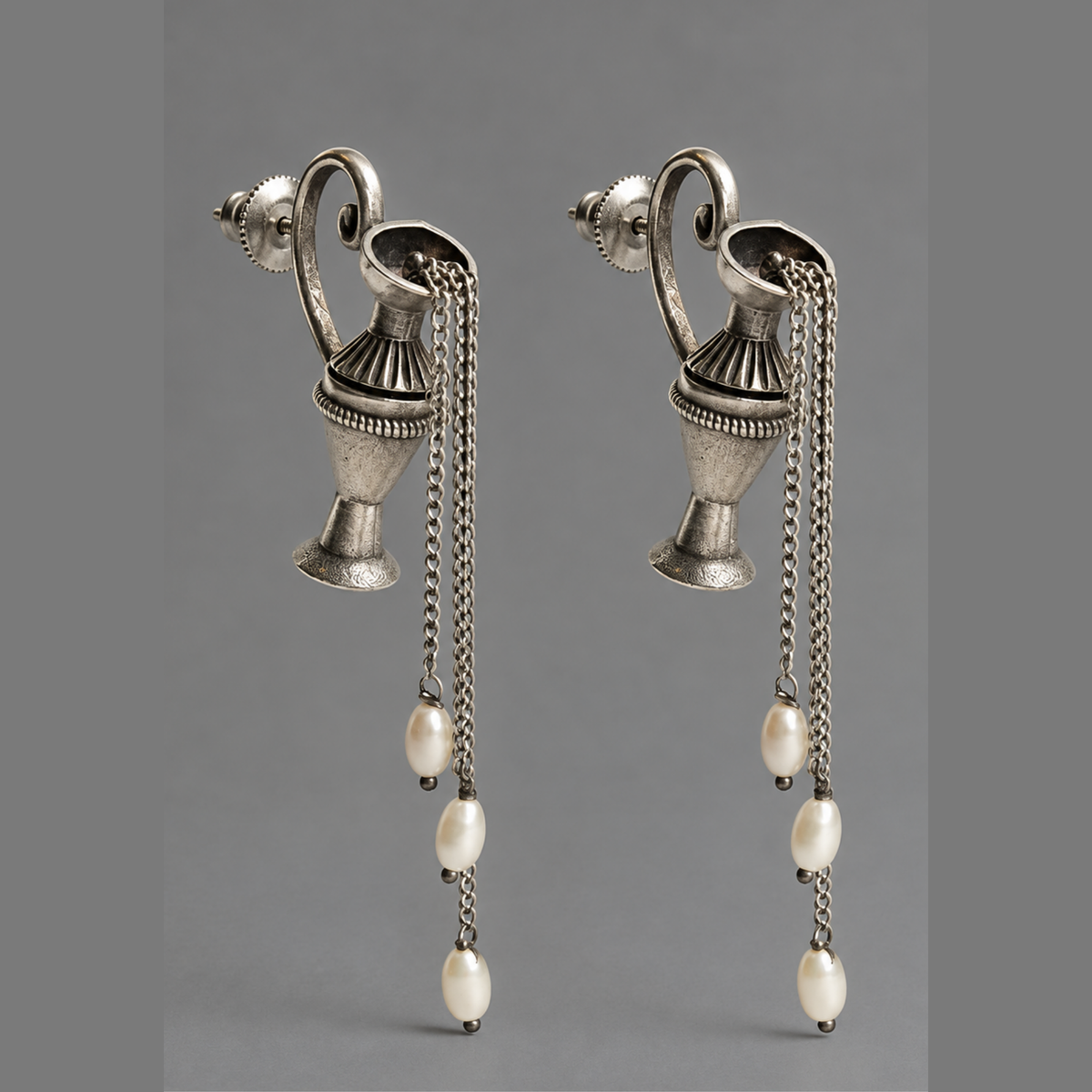 Oxidized Silver Amphora Urn & Pearl Drop Statement Earrings | Artisan Avant-Garde Dangle Earrings