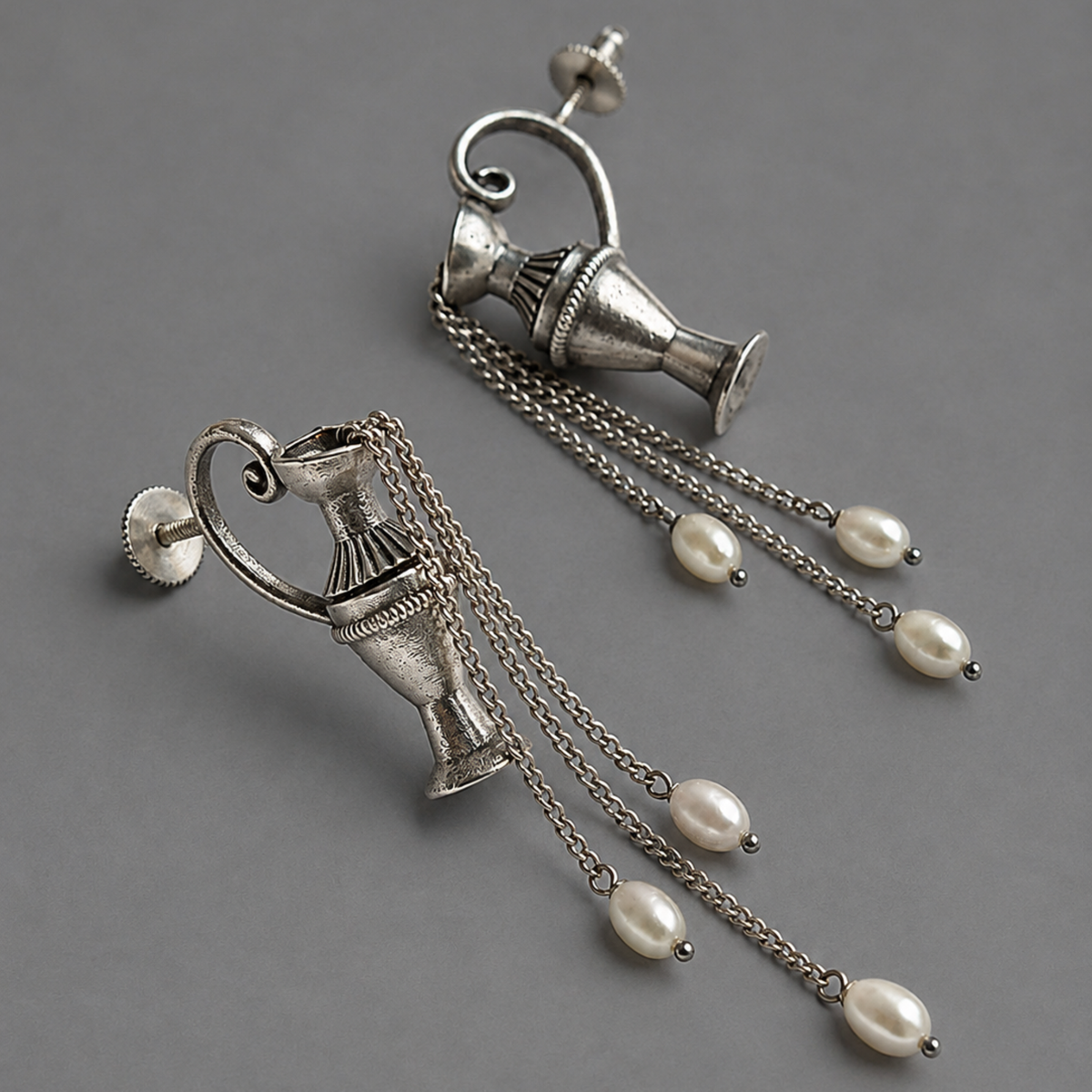 Oxidized Silver Amphora Urn & Pearl Drop Statement Earrings | Artisan Avant-Garde Dangle Earrings
