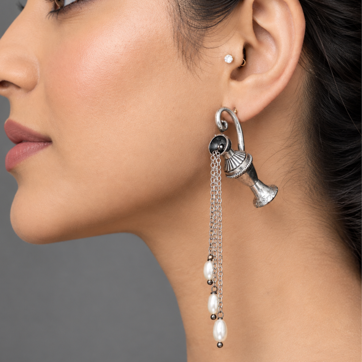 Oxidized Silver Amphora Urn & Pearl Drop Statement Earrings | Artisan Avant-Garde Dangle Earrings