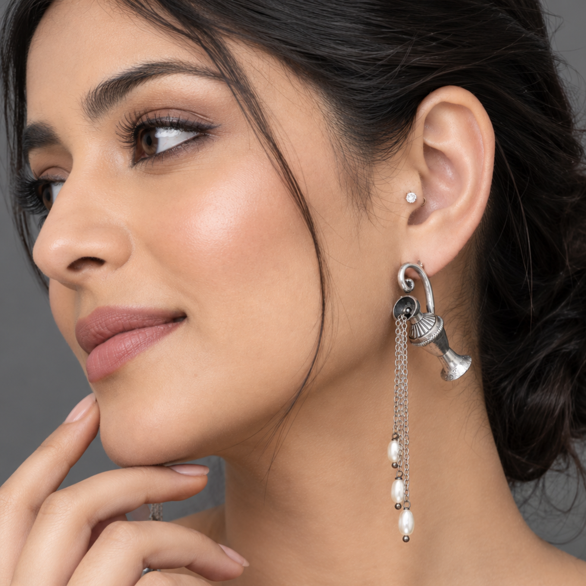 Oxidized Silver Amphora Urn & Pearl Drop Statement Earrings | Artisan Avant-Garde Dangle Earrings