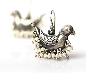 Oxidized Bird Earrings with Pearls