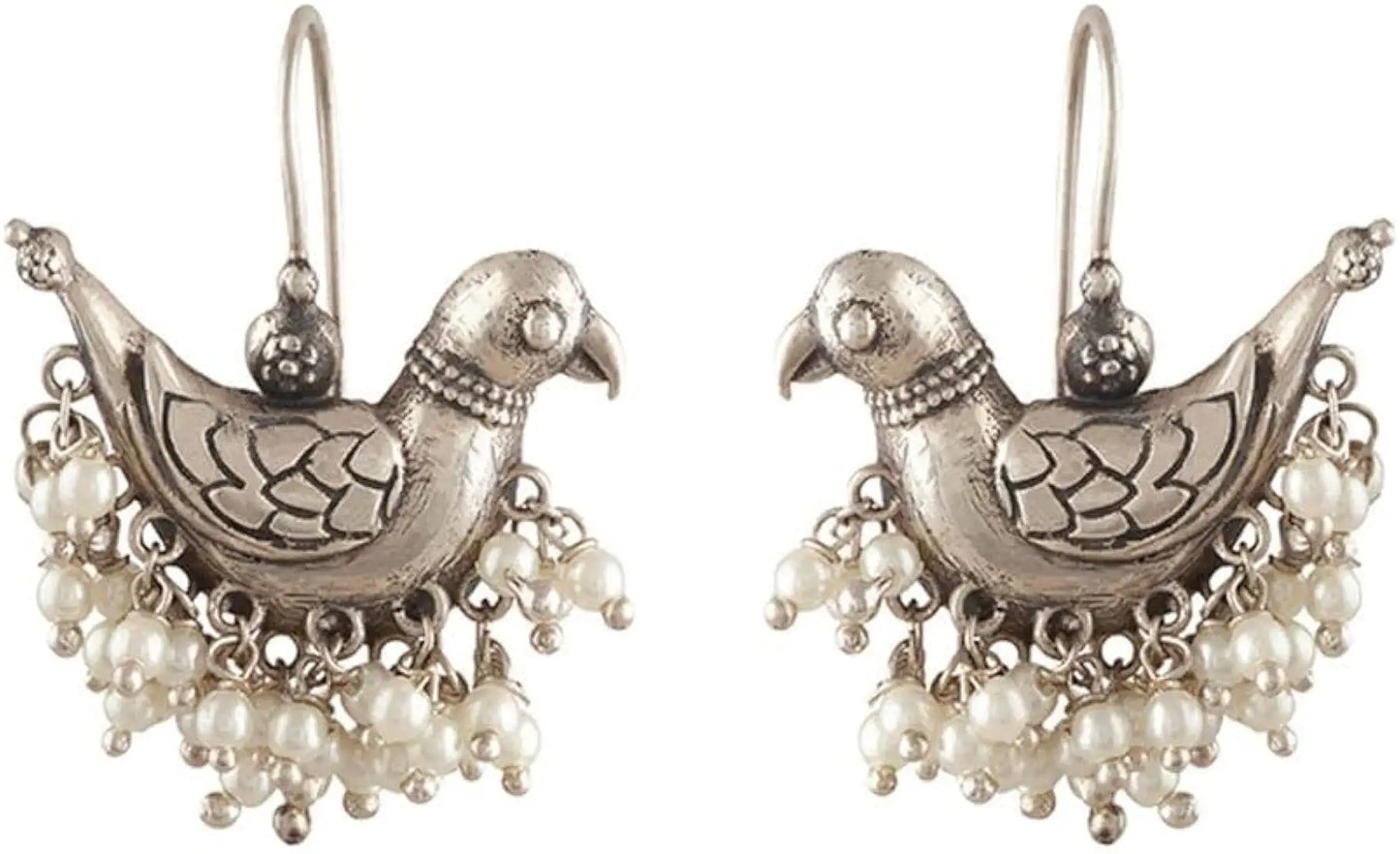 Oxidized Bird Earrings with Pearls