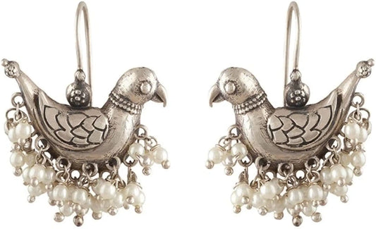 Oxidized Bird Earrings with Pearls