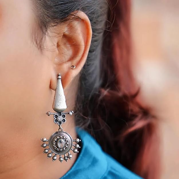 Spiked Dangler Oxidized Silver Earrings – Bold & Stylish Statement Jewelry