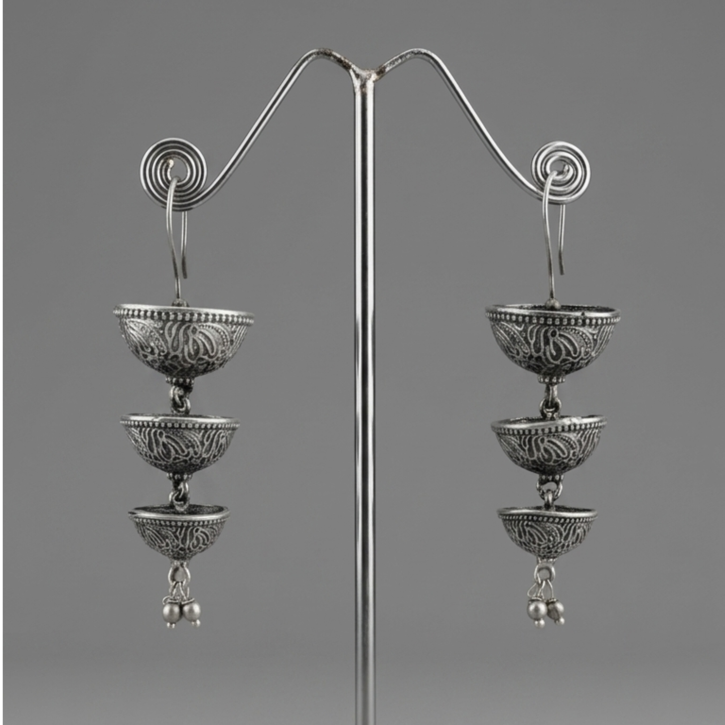 Handcrafted Oxidized Silver Three-Tier Jhumka Drop Earrings | 8cm Statement Dangle