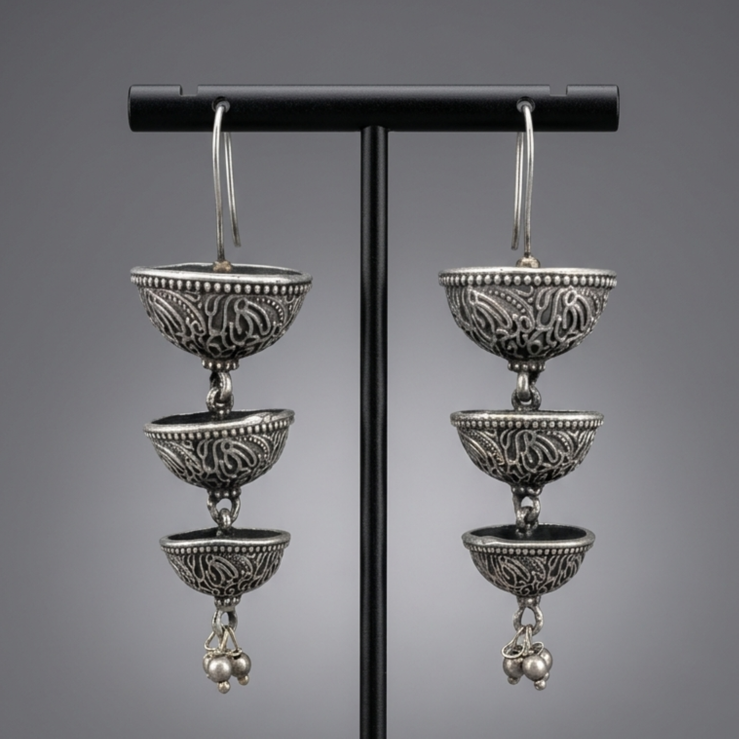 Handcrafted Oxidized Silver Three-Tier Jhumka Drop Earrings | 8cm Statement Dangle