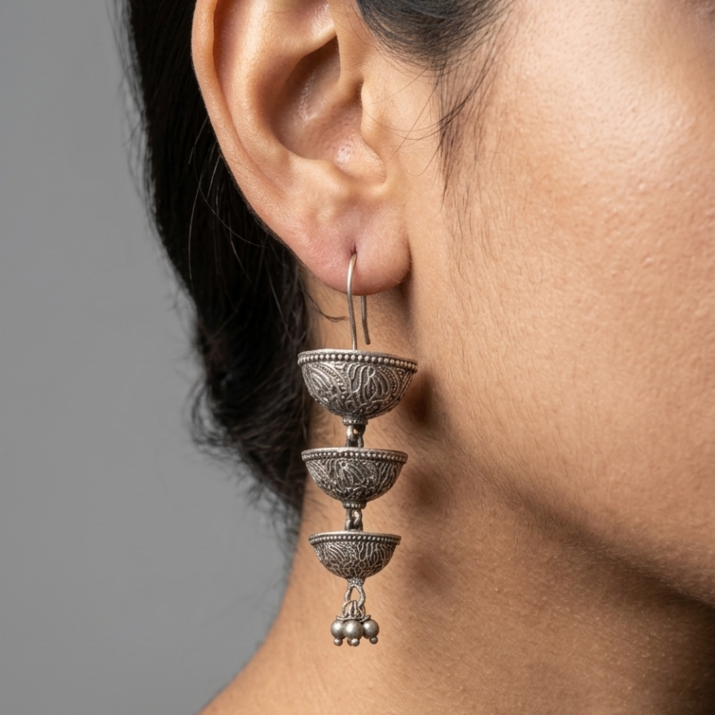 Handcrafted Oxidized Silver Three-Tier Jhumka Drop Earrings | 8cm Statement Dangle
