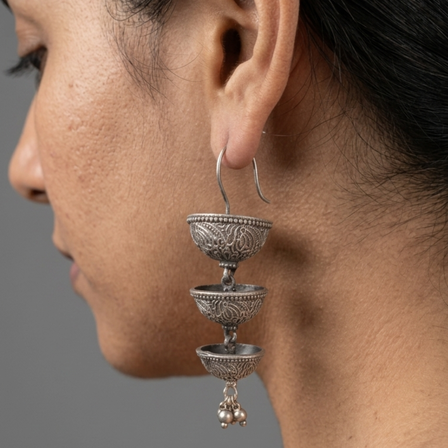 Handcrafted Oxidized Silver Three-Tier Jhumka Drop Earrings | 8cm Statement Dangle