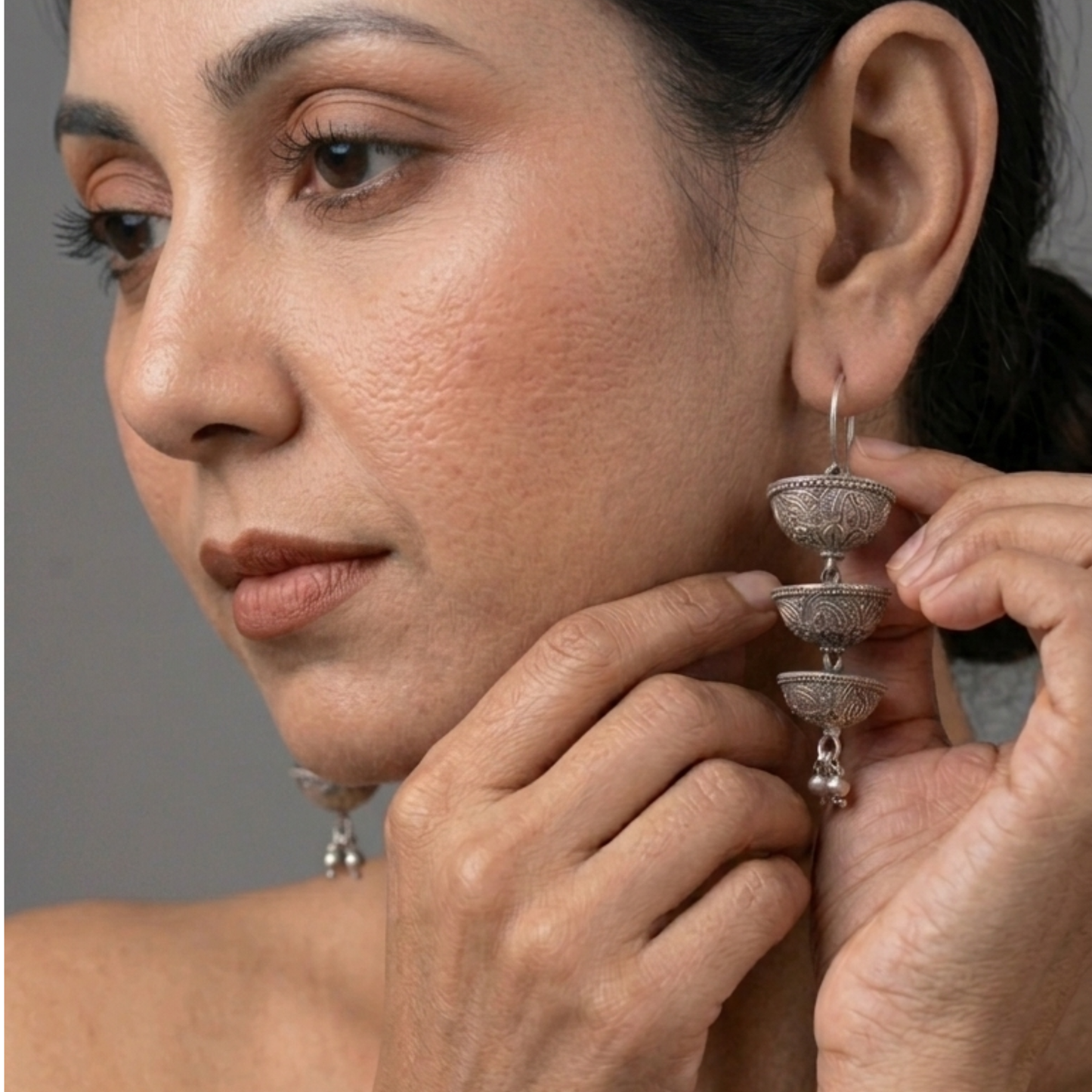 Handcrafted Oxidized Silver Three-Tier Jhumka Drop Earrings | 8cm Statement Dangle