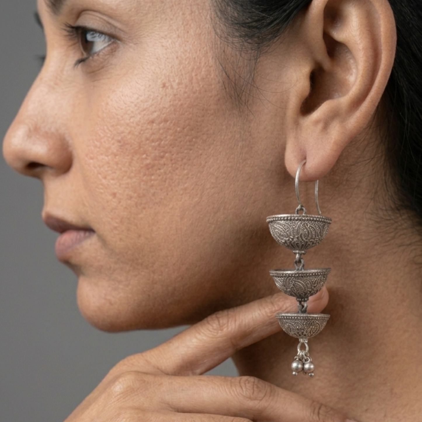 Handcrafted Oxidized Silver Three-Tier Jhumka Drop Earrings | 8cm Statement Dangle