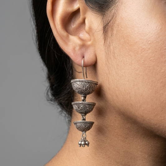 Handcrafted Oxidized Silver Three-Tier Jhumka Drop Earrings | 8cm Statement Dangle