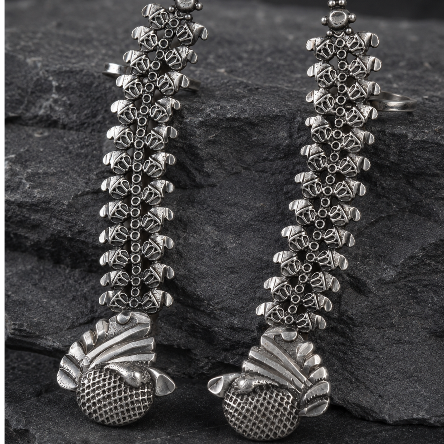 Artisanal Filigree Spine Ear Cuff – Oxidized Silver Statement Jewelry