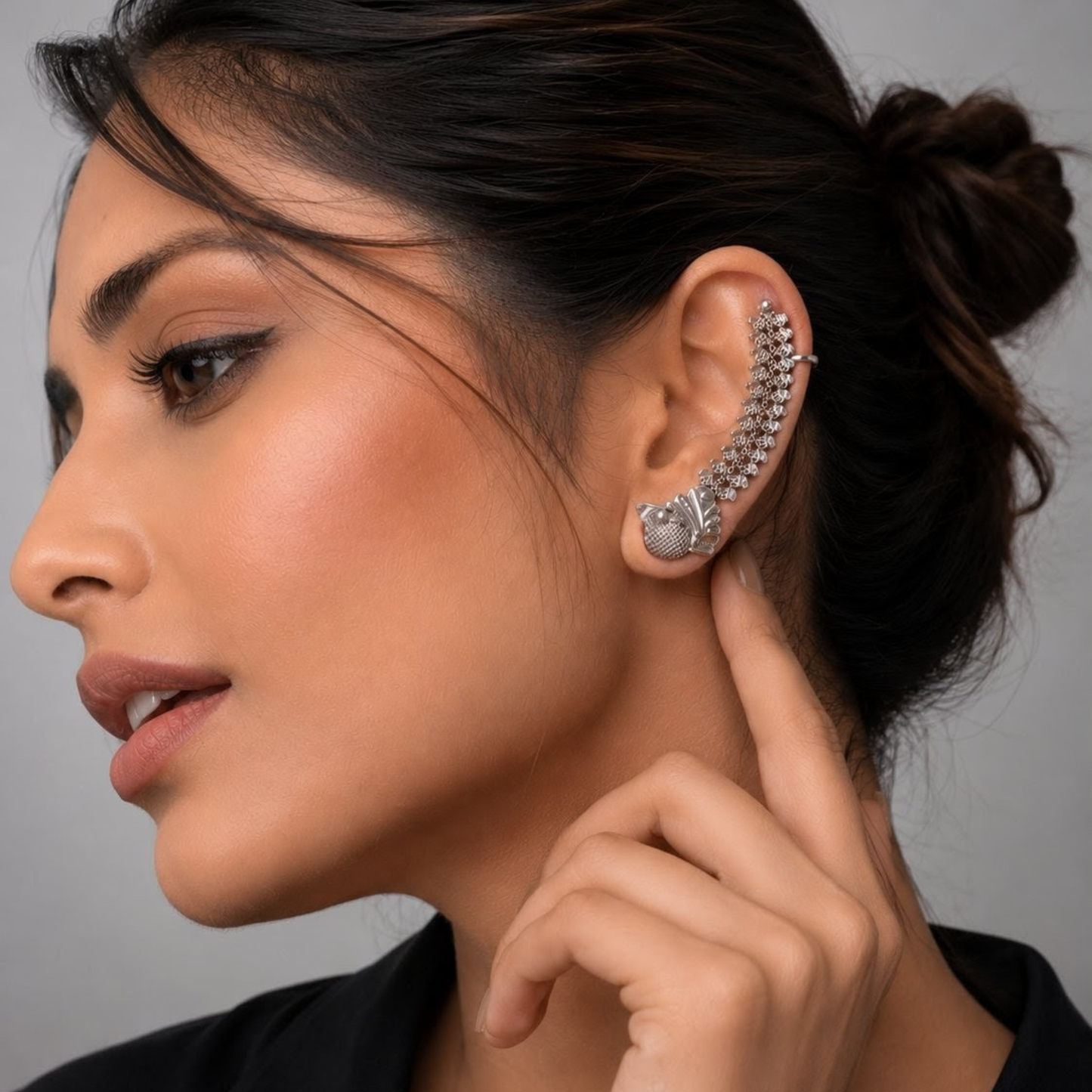 Artisanal Filigree Spine Ear Cuff – Oxidized Silver Statement Jewelry