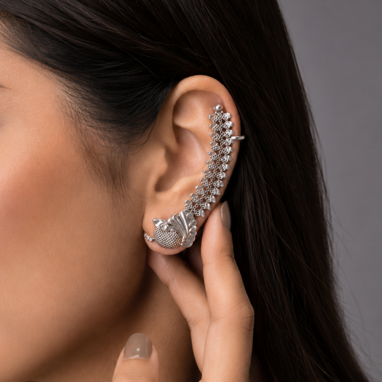 Artisanal Filigree Spine Ear Cuff – Oxidized Silver Statement Jewelry