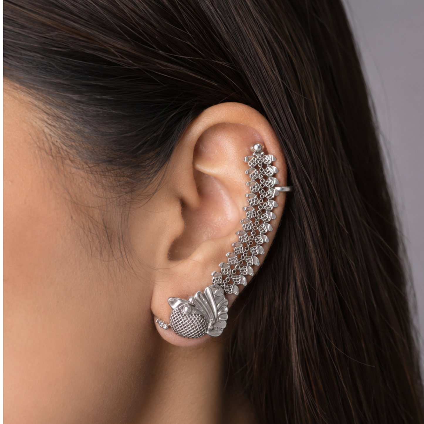 Artisanal Filigree Spine Ear Cuff – Oxidized Silver Statement Jewelry