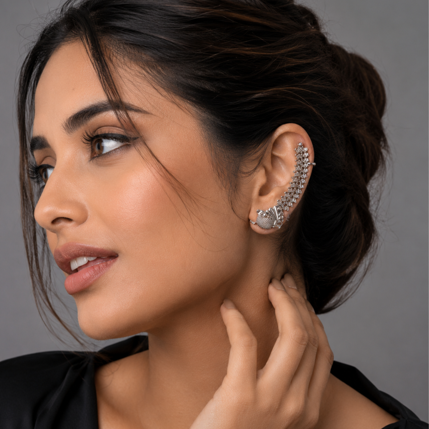 Artisanal Filigree Spine Ear Cuff – Oxidized Silver Statement Jewelry