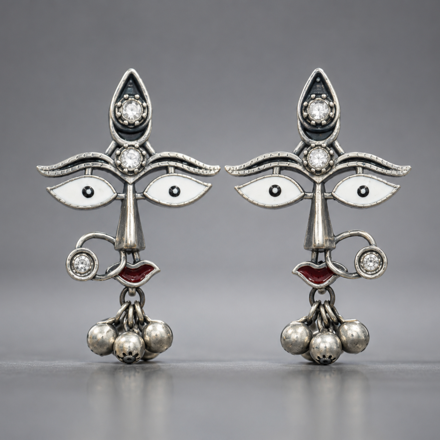 Divine Durga Goddess Statement Earrings – Oxidized Silver with Meenakari & Ghungroo Details