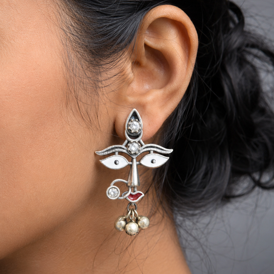 Divine Durga Goddess Statement Earrings – Oxidized Silver with Meenakari & Ghungroo Details