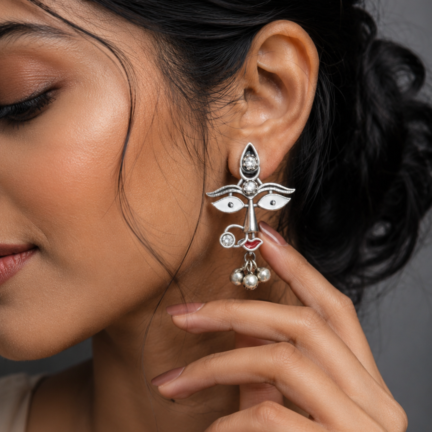 Divine Durga Goddess Statement Earrings – Oxidized Silver with Meenakari & Ghungroo Details