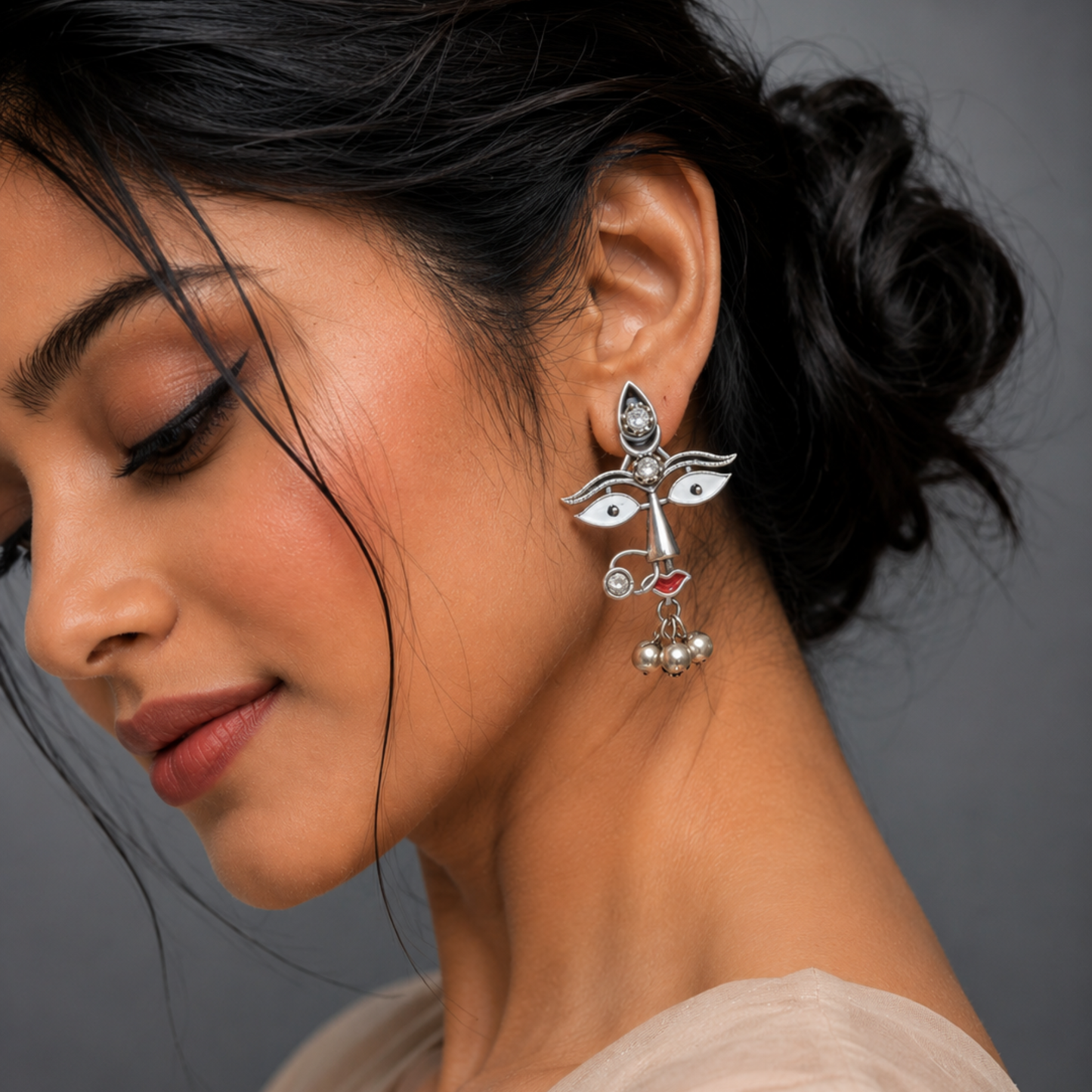 Divine Durga Goddess Statement Earrings – Oxidized Silver with Meenakari & Ghungroo Details