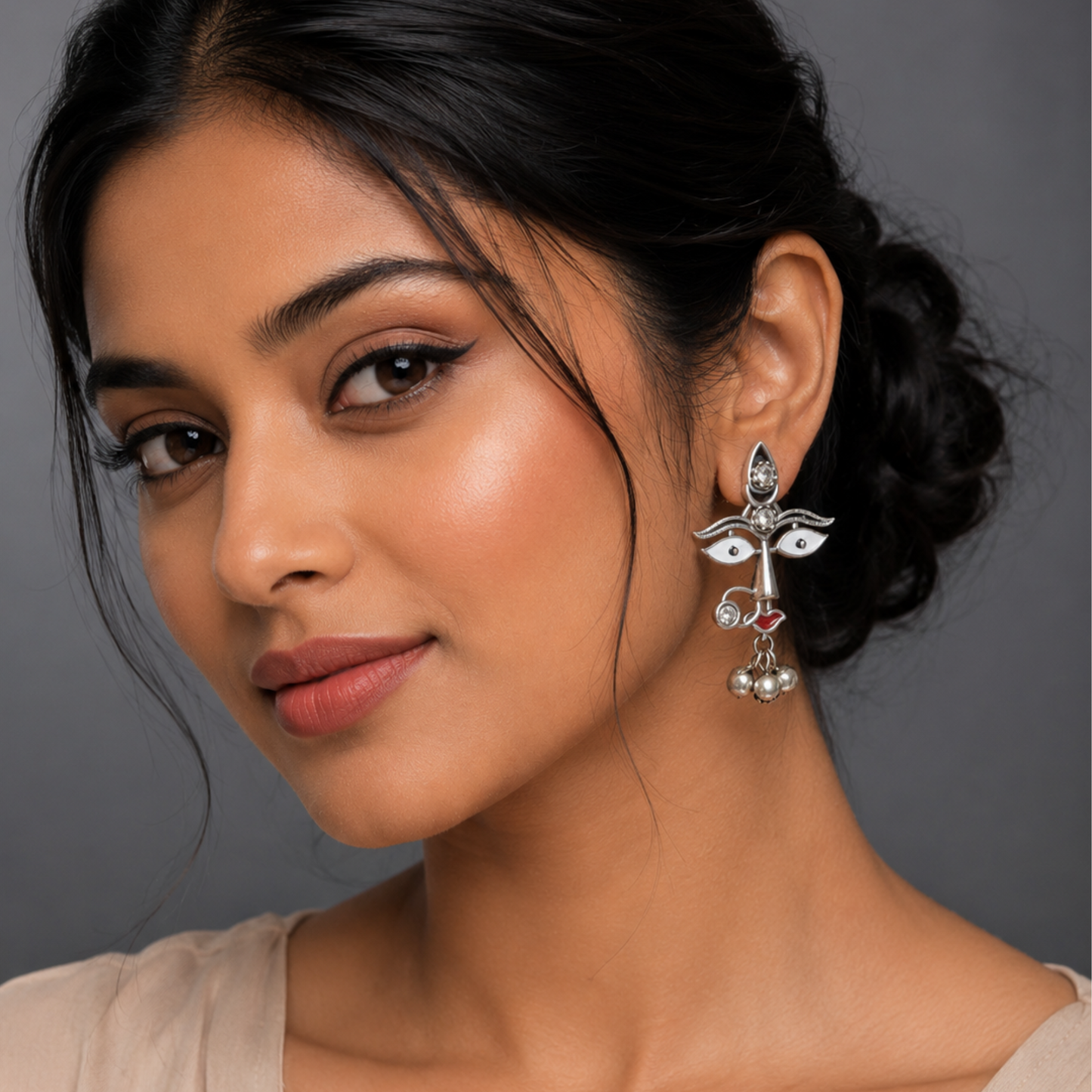 Divine Durga Goddess Statement Earrings – Oxidized Silver with Meenakari & Ghungroo Details