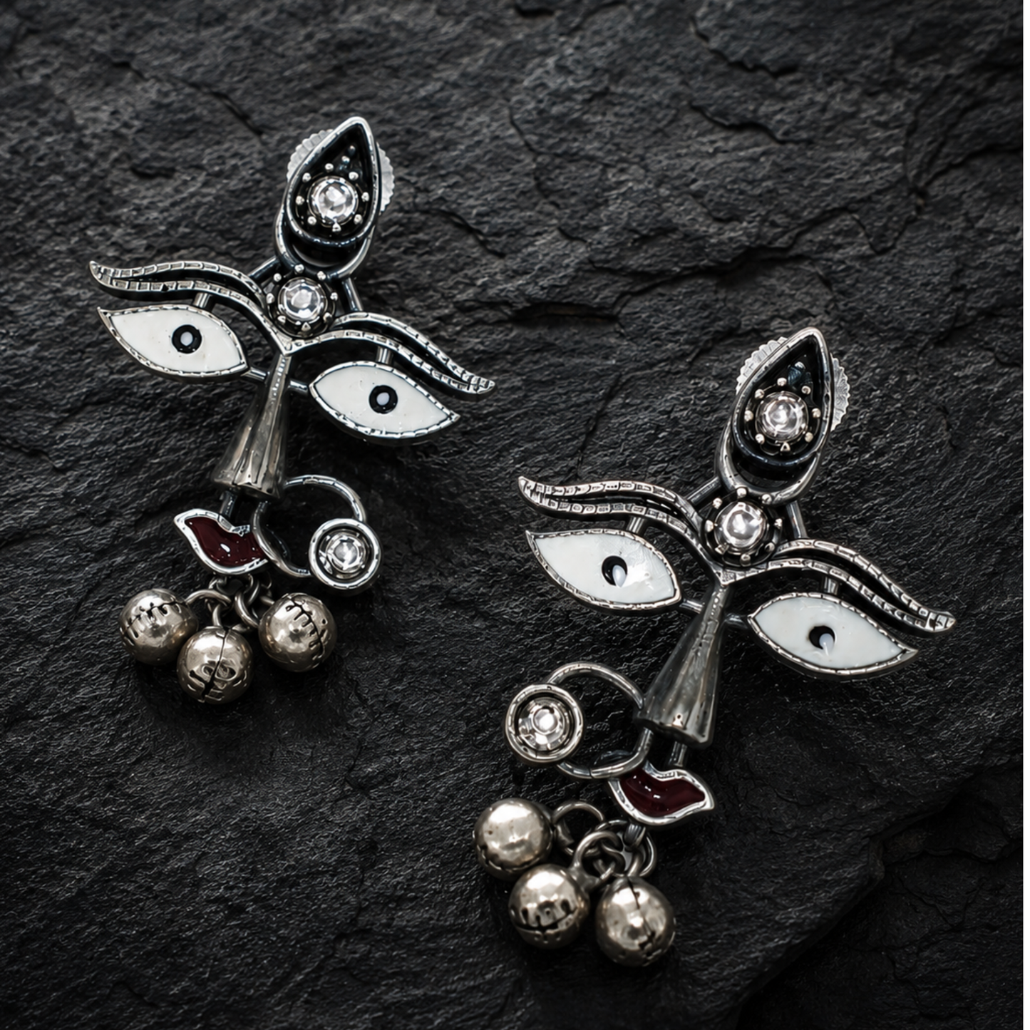 Divine Durga Goddess Statement Earrings – Oxidized Silver with Meenakari & Ghungroo Details