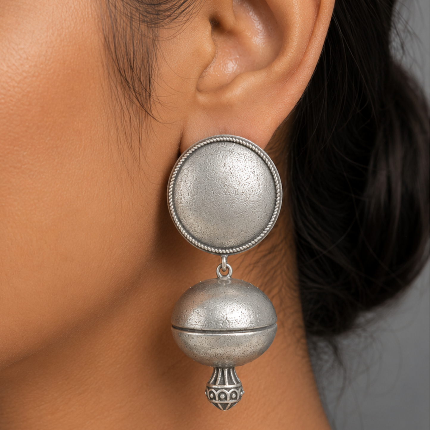 Artisan Antique Silver Statement Drop Earrings | Textured Bold Geometric Jewelry by Dulcett India