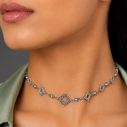 Ornate Silver Clover & Geometric Motif Choker Necklace