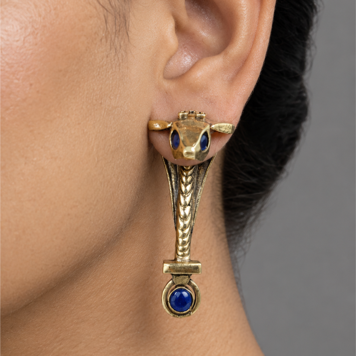 Mythic Serpent Brass Earrings with Deep Blue Stones | Statement Oxidized Brass Jewelry
