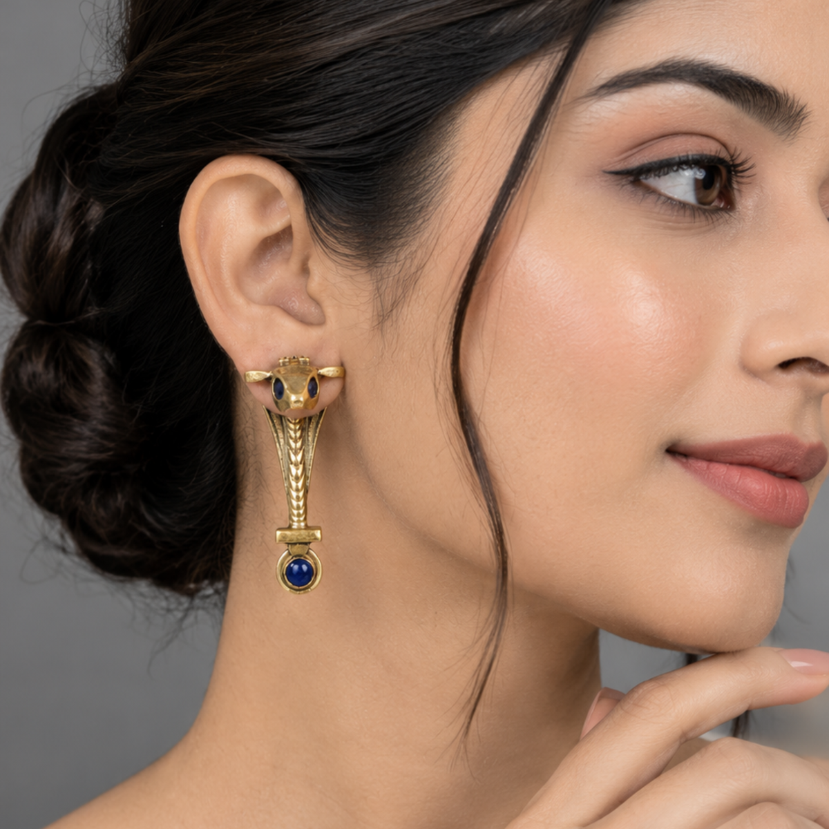 Mythic Serpent Brass Earrings with Deep Blue Stones | Statement Oxidized Brass Jewelry
