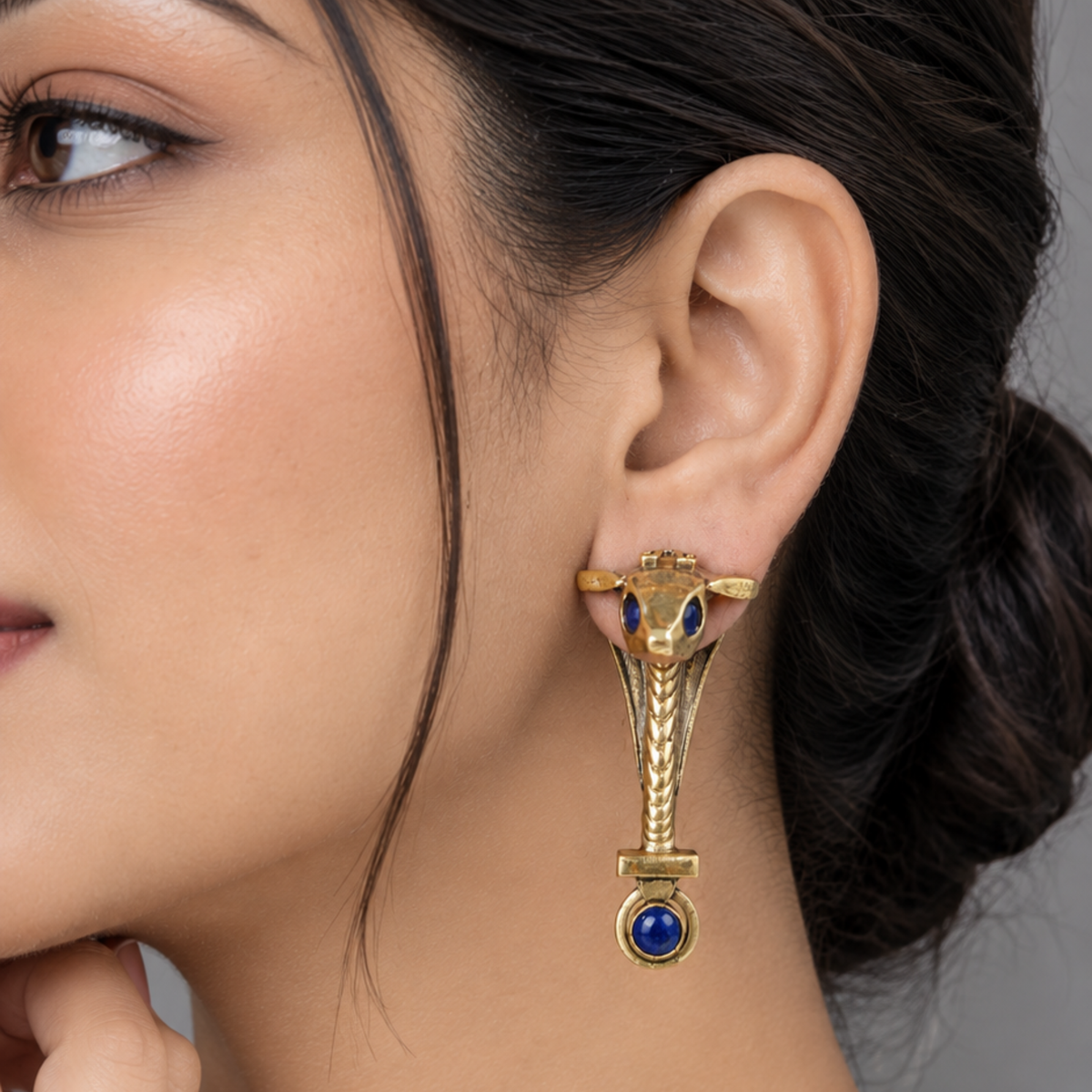Mythic Serpent Brass Earrings with Deep Blue Stones | Statement Oxidized Brass Jewelry