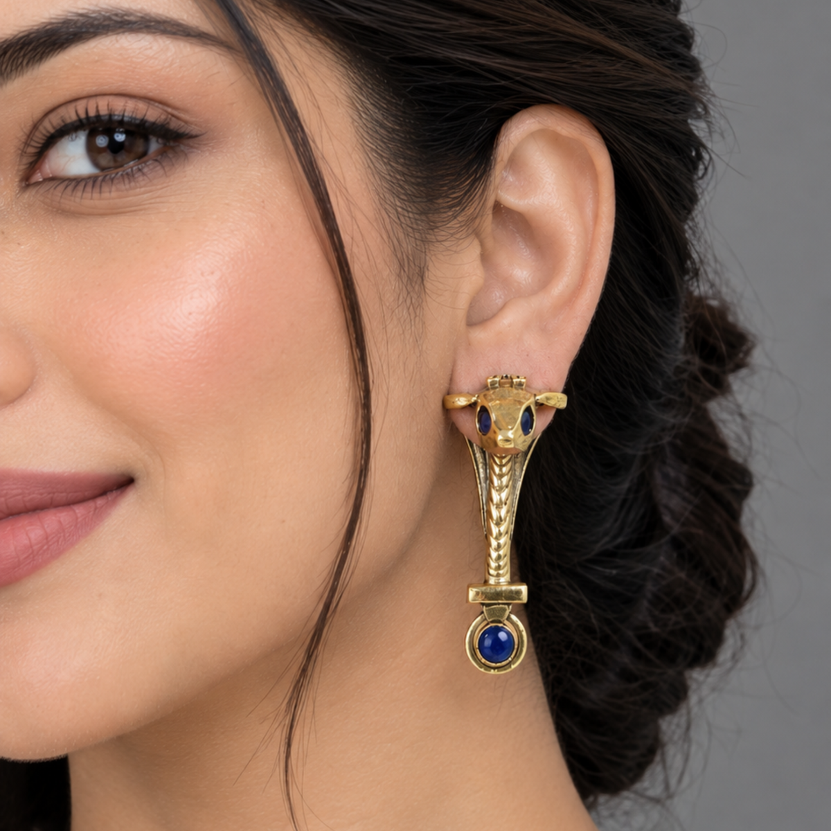Mythic Serpent Brass Earrings with Deep Blue Stones | Statement Oxidized Brass Jewelry