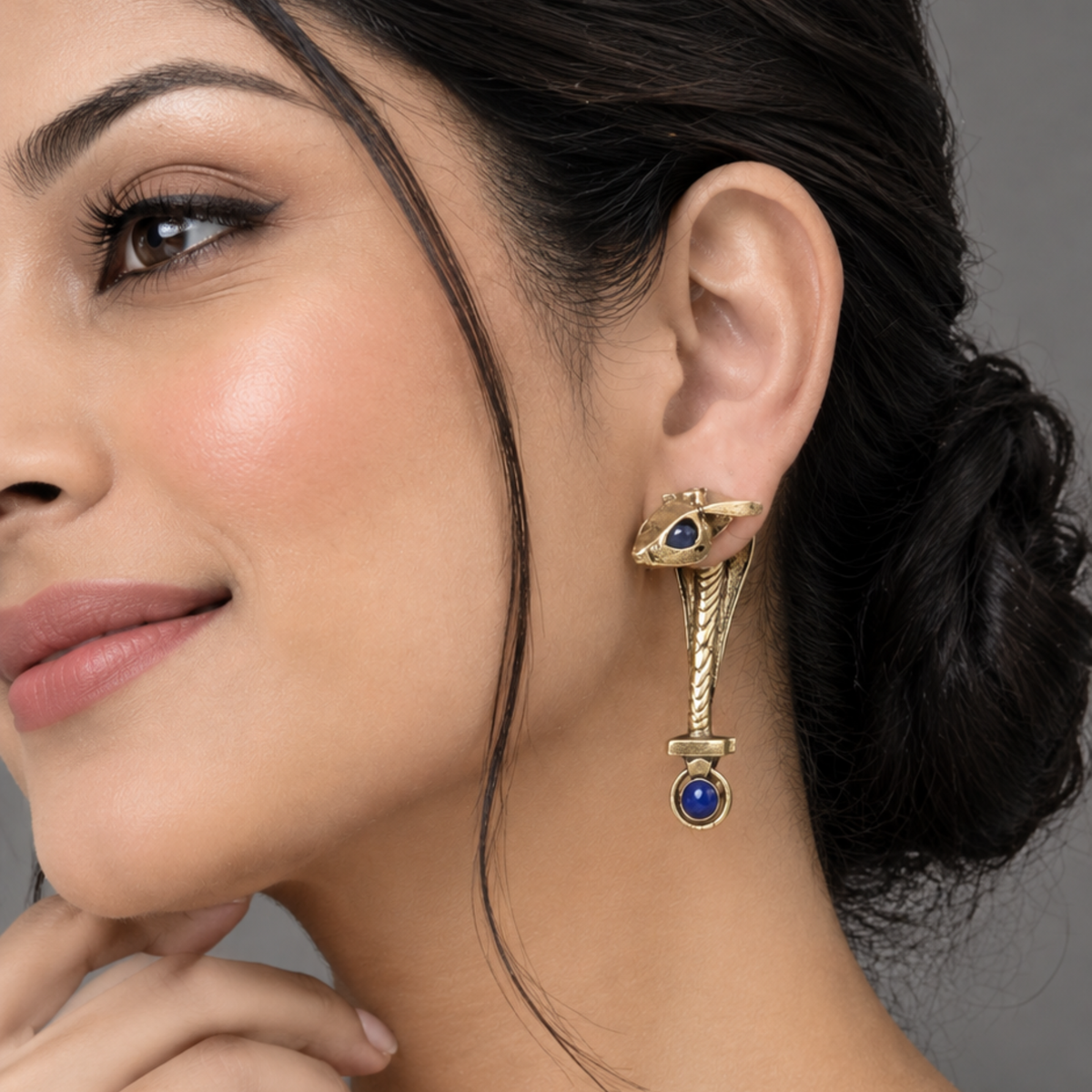 Mythic Serpent Brass Earrings with Deep Blue Stones | Statement Oxidized Brass Jewelry
