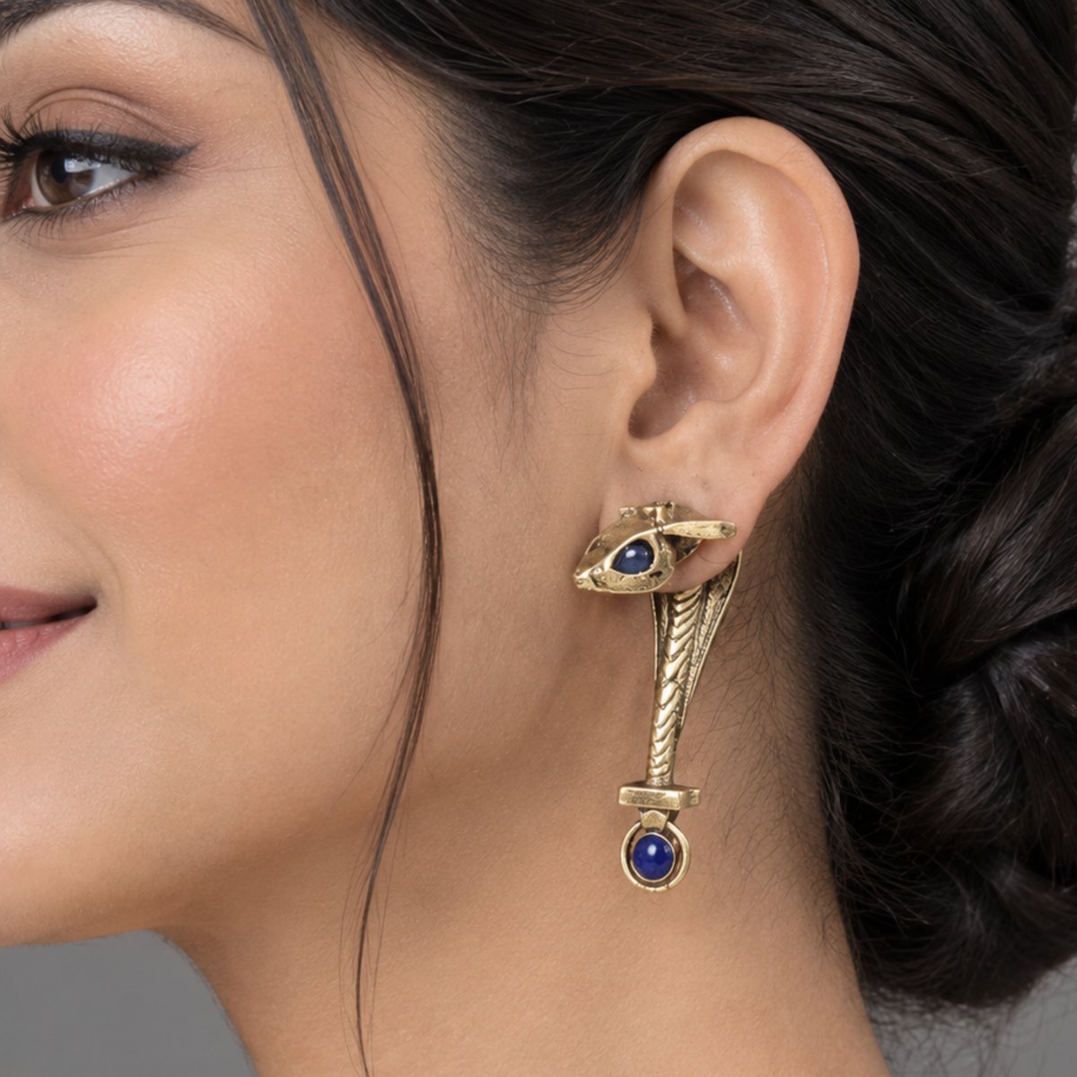 Mythic Serpent Brass Earrings with Deep Blue Stones | Statement Oxidized Brass Jewelry