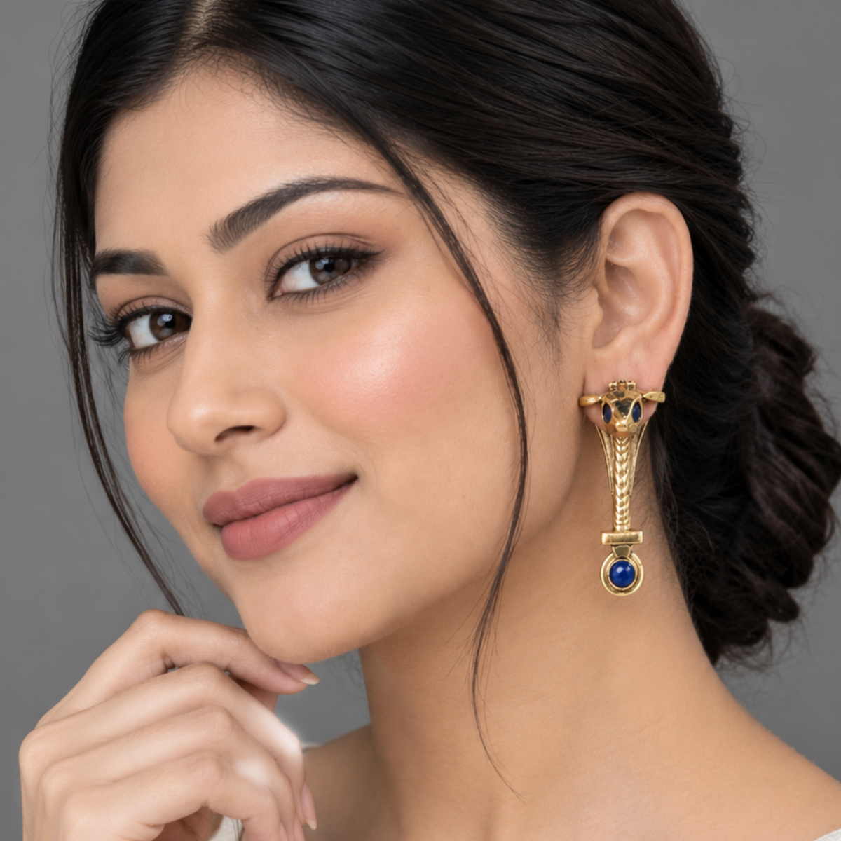 Mythic Serpent Brass Earrings with Deep Blue Stones | Statement Oxidized Brass Jewelry