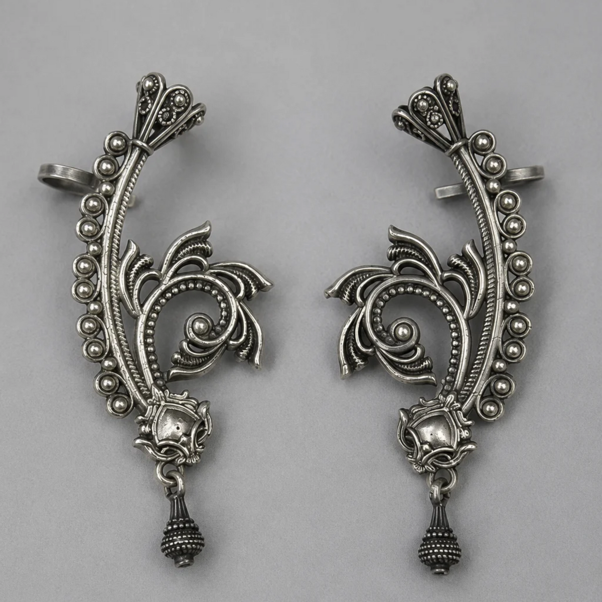Oxidized Silver Filigree Leaf Ear Cuff with Dangle Accent
