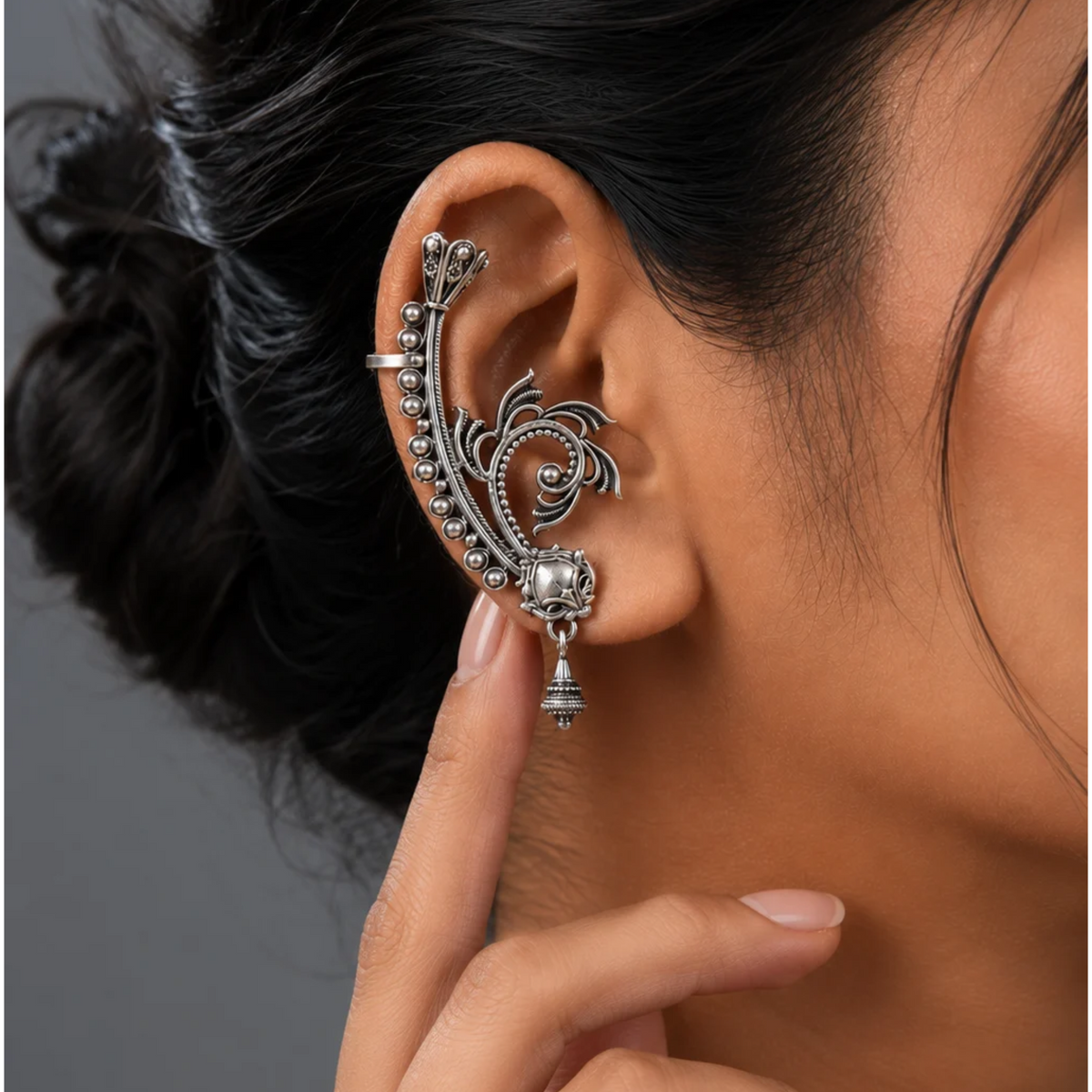 Oxidized Silver Filigree Leaf Ear Cuff with Dangle Accent